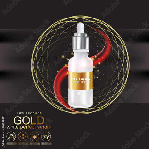 Collagen Perfect Serum Gold and Vitamin Background Concept Skin Care Cosmetic.