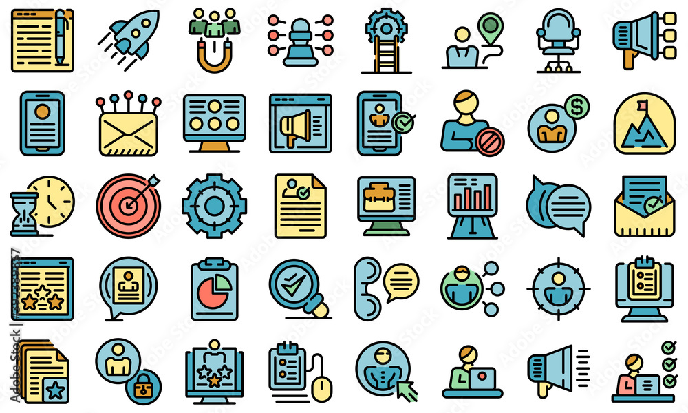 Online recruitment icons set. Outline set of online recruitment vector icons thin line color flat on white Online recruitment icons set. Outline set of online recruitment vector icons thin line color flat on white