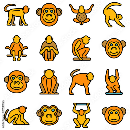 Gibbon icons set. Outline set of gibbon vector icons thin line color flat on white