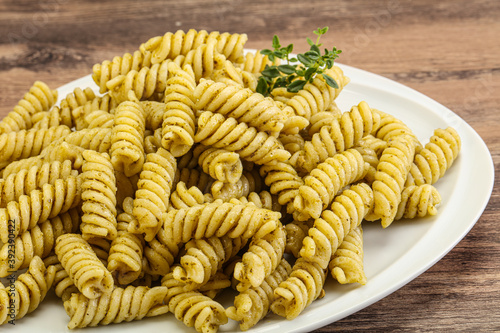 Italian pasta Fusilli with pesto