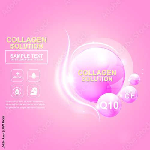 Collagen Solution Serum Drop and Vitamin Background Skin Care Cosmetic concept.