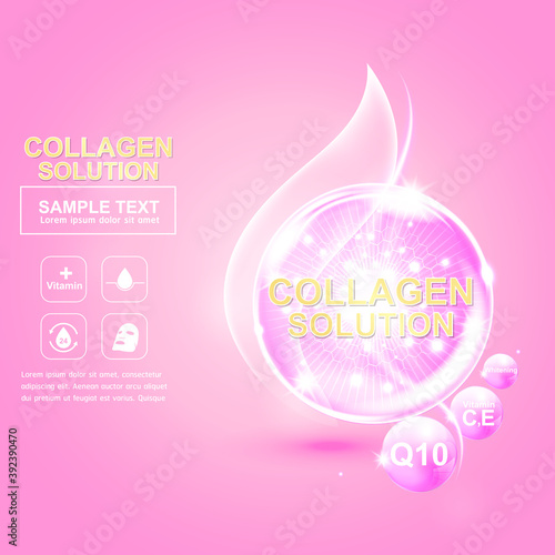 Collagen Solution Serum Drop and Vitamin Background Skin Care Cosmetic concept.