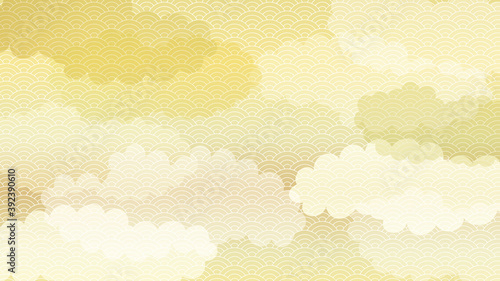 複数の雲と青海波の連続模様の背景イラスト