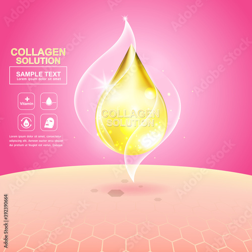 Collagen Solution Serum Drop and Vitamin Background Skin Care Cosmetic concept.