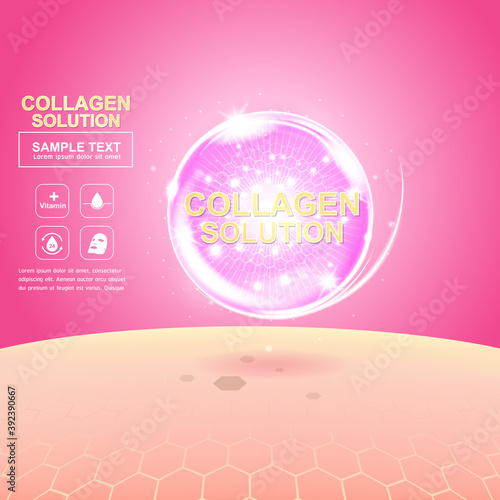 Collagen Solution Serum Drop and Vitamin Background Skin Care Cosmetic concept.
