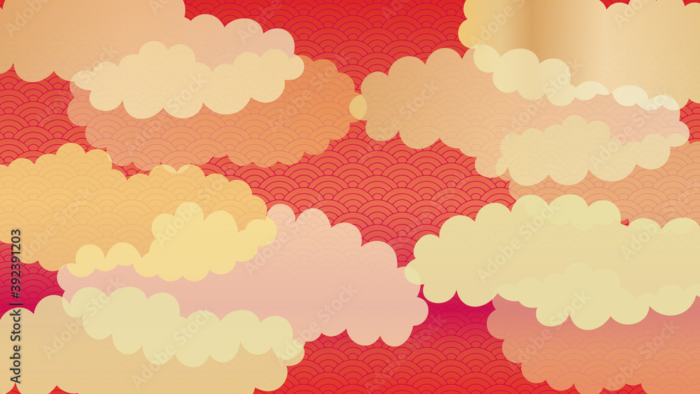 複数の雲と青海波の連続模様の背景イラスト　赤バージョン