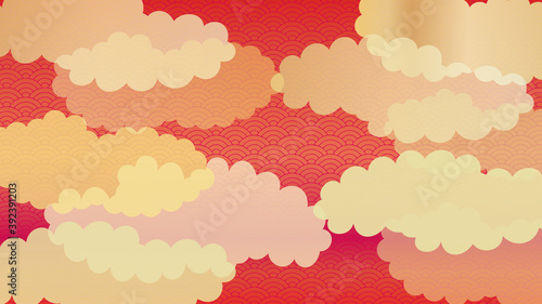 複数の雲と青海波の連続模様の背景イラスト　赤バージョン