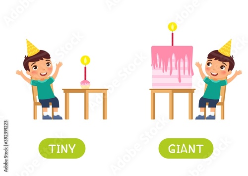 TINY and GIANT antonyms word card vector template. Flashcard for english language learning. Opposites concept. Сhild is happy with the big cake, the boy was given a cupcake for birthday