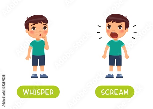 WHISPER and SCREAM antonyms word card vector template. Flashcard for english language learning. Opposites concept. Boy shows a gesture quietly, child shouts loudly.