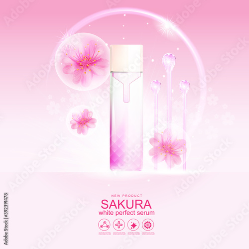 Collagen Sakura Serum or Vitamin and Background Vector Skin Care Cosmetic 