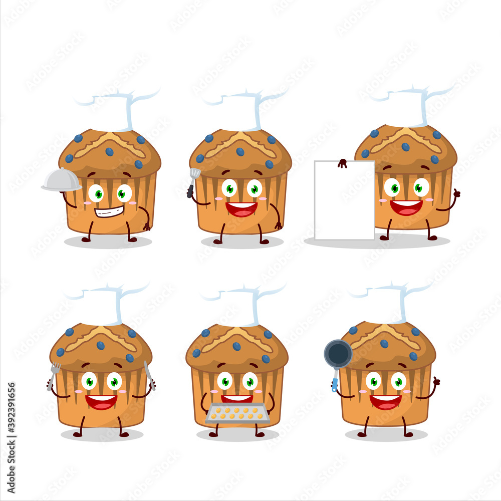 Cartoon character of blueberry muffin with various chef emoticons Cartoon character of blueberry muffin with various chef emoticons