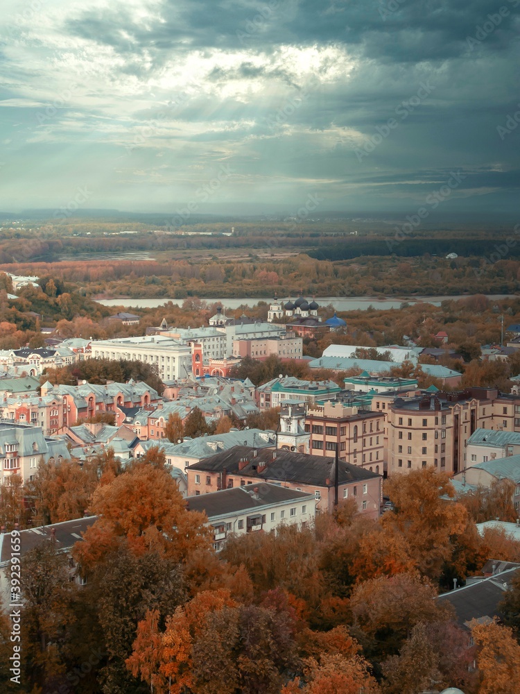 Kirov city, Russia, Europe. City view. Bird's-eye view. Urban development, monastery, forest. City landscape. Golden autumn, Vyatka.
