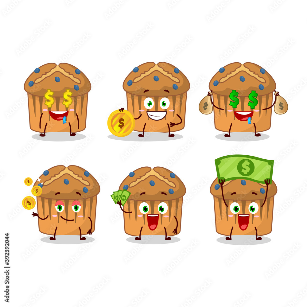 Fototapeta premium Blueberry muffin cartoon character with cute emoticon bring money
