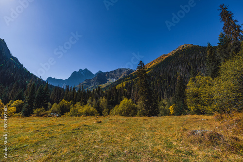 Autumn in mountain. Valley in Caucasus mountain.