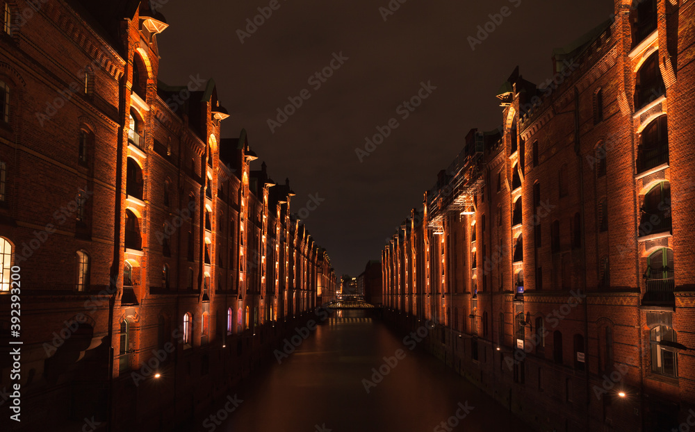 Speicherstadt perspective at night, warehouse district