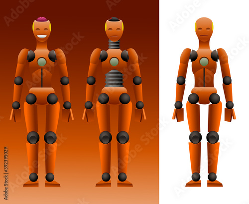 orange dummy for crash test with pink brains & smile, mechanical mannequin, artificial intelligence concept, color vector illustration, isolated on a white background