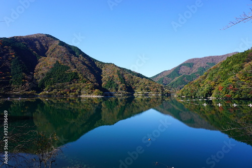 丹沢湖の湖面に映る秋の山