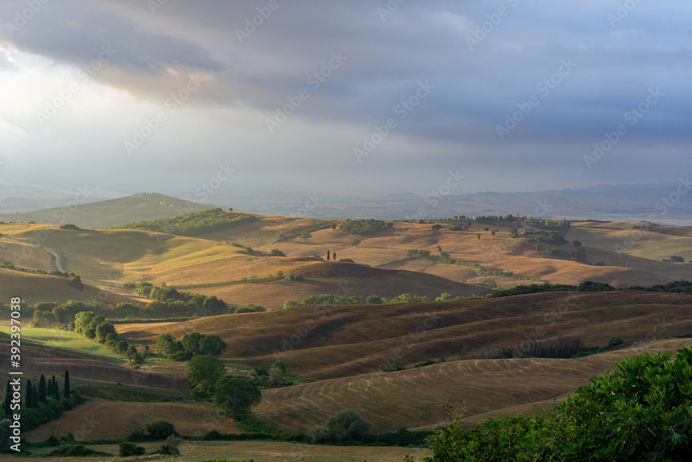 Beautiful sunrise over the valley of San Quirico d Orcia, Toscana, Italy