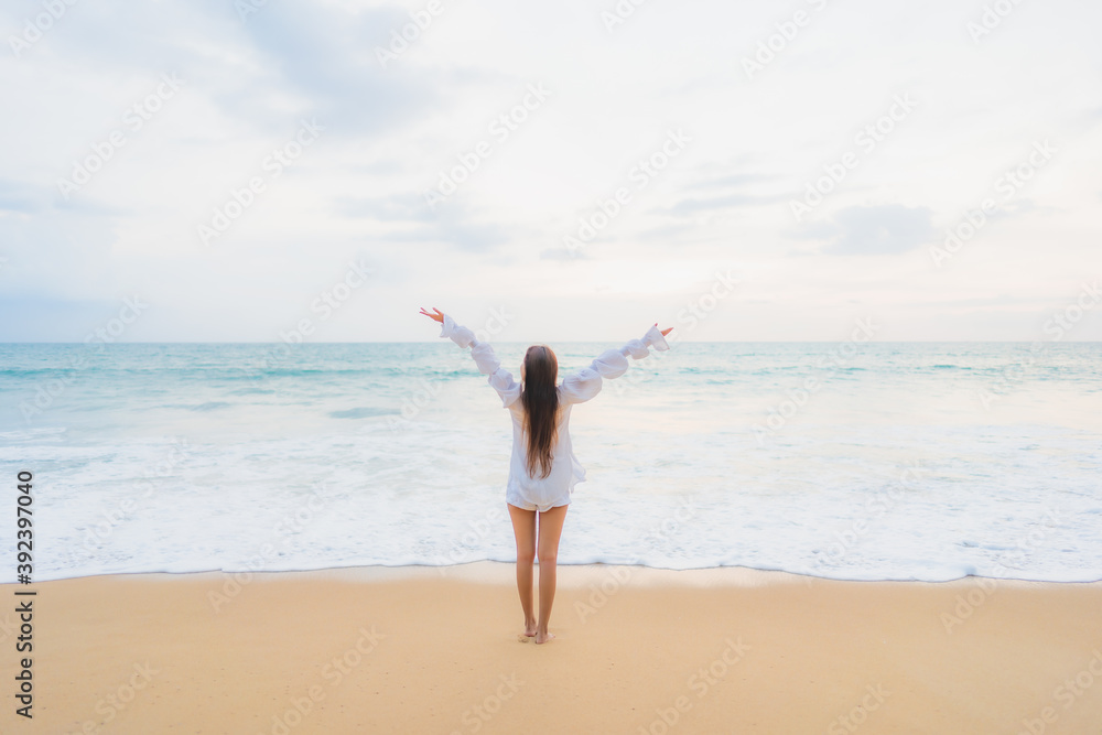 Portrait beautiful young asian woman relax leisure around outdoor beach sea ocean Portrait beautiful young asian woman relax leisure around outdoor beach sea ocean