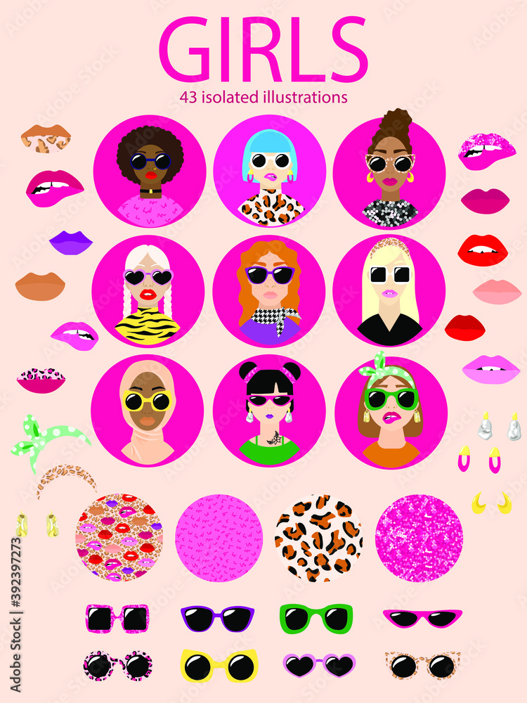 Set with girls in trendy sunglasses, accessories, earrings, hair accessories, kiss. Beautiful woman's face. Variety of ethnicities, hair colours and hairstyles. Feminism and women rights concept.