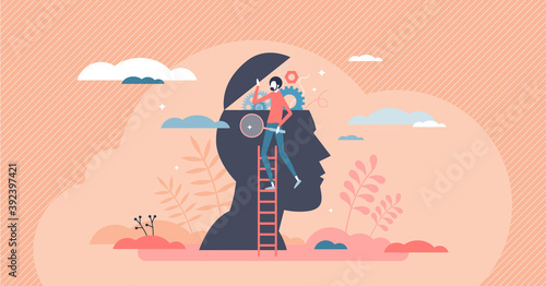 Psychology as open mind therapy to solve emotional mess tiny person concept