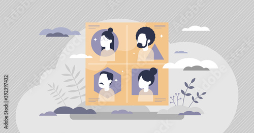 Personality types as various characteristics and moods tiny person concept
