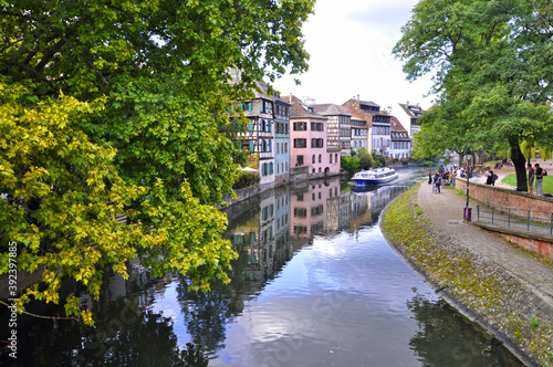 View of canal with reflections of the houses in Strasbourg  France.