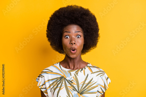 Close up photo of charming wavy hairdo girl open mouth staring disbelief isolated on vivid yellow color background