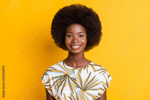 Close up photo of satisfied wavy hairdo person smile look camera isolated on yellow color background