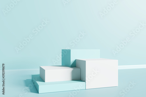 Product display podium on blue background. 3D rendering 