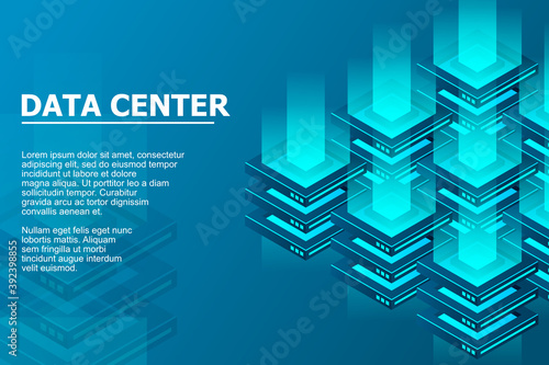 Isometric futuristic Hosting server. 3D Digital background. Abstract datacenter or blockchain background. Server farm communication with internet. Computer storage, vector illustration