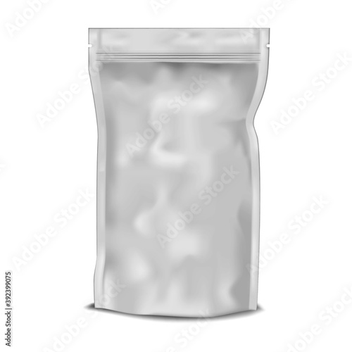Crumpled blank vacuum stand up pouch isolated on white background, realistic vector mockup. Food packaging bag with zip lock and tear notches, template