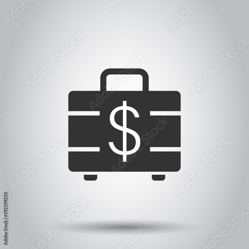 Money briefcase icon in flat style. Cash box vector illustration on white isolated background. Finance business concept.