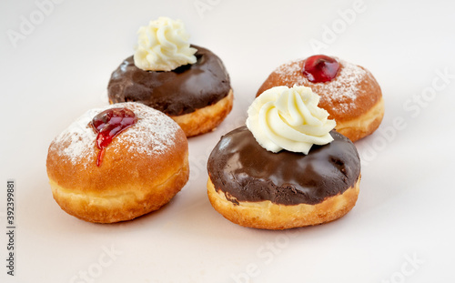 Close up of fresh donuts for Hanukkah celebration. Selective focus.