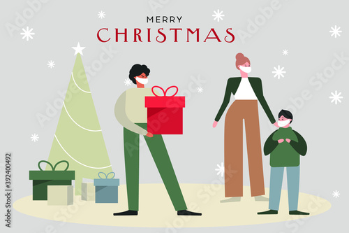 
Cristmas presents. father gives his son a gift. christmas in covid 19. flat illustration. people in masks. christmas people