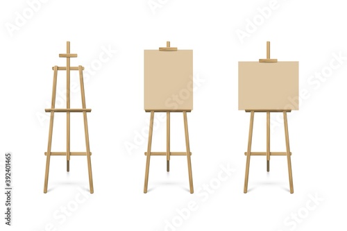 Easel standing with beige board or canvas set. Blank blackboard on wooden tripod for art, painting, drawing or announcement vector illustration. Studio equipment on white background