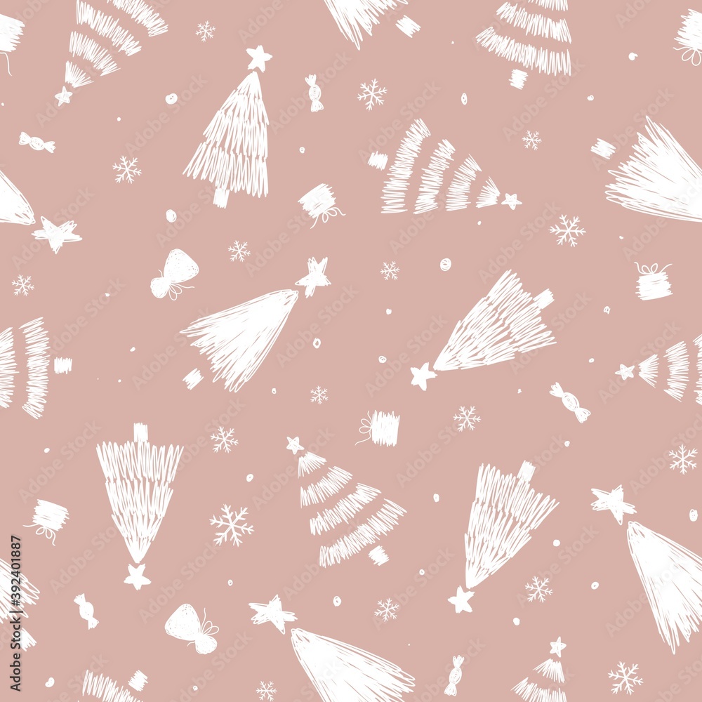 seamless pattern with Christmas trees on a beige background.  illustration.