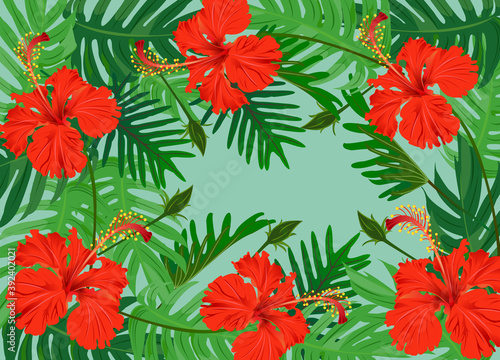 Tropical flowers hibiscus orange red purple green leaves seamless pattern green background. Exotic fabric wallpaper illustration