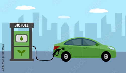 Fototapeta Naklejka Na Ścianę i Meble -  Biofuel eco fuel petrol station concept vector illustration. Car with green energy. Save the environment.
