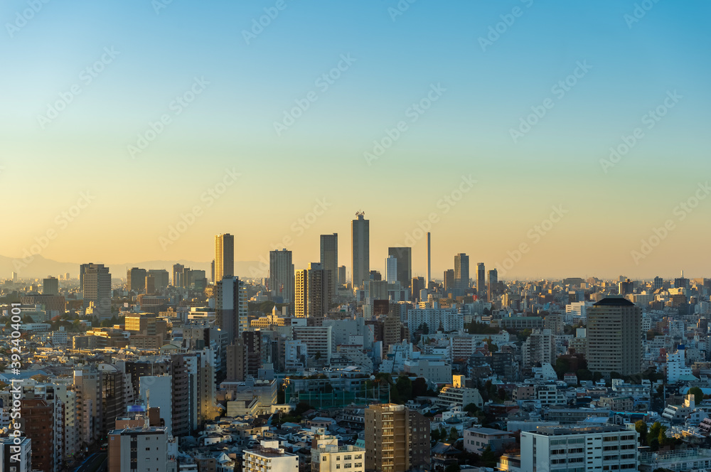 東京都文京区後楽園から見る夕方の東京の都市景観