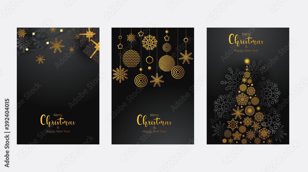 Naklejka premium Concept of Merry Christmas and Happy New Year posters set. Design templates on dark background with black and gold snowflakes for celebration and season decoration.
