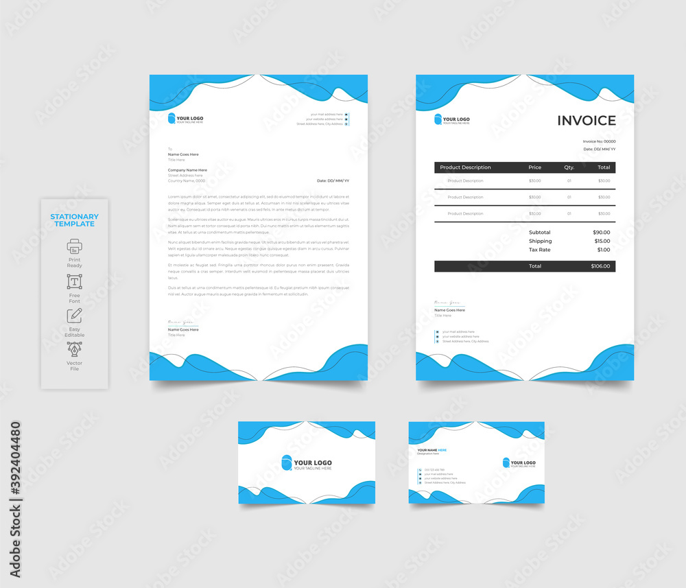 Modern letterhead stationery pack with abstract shapes