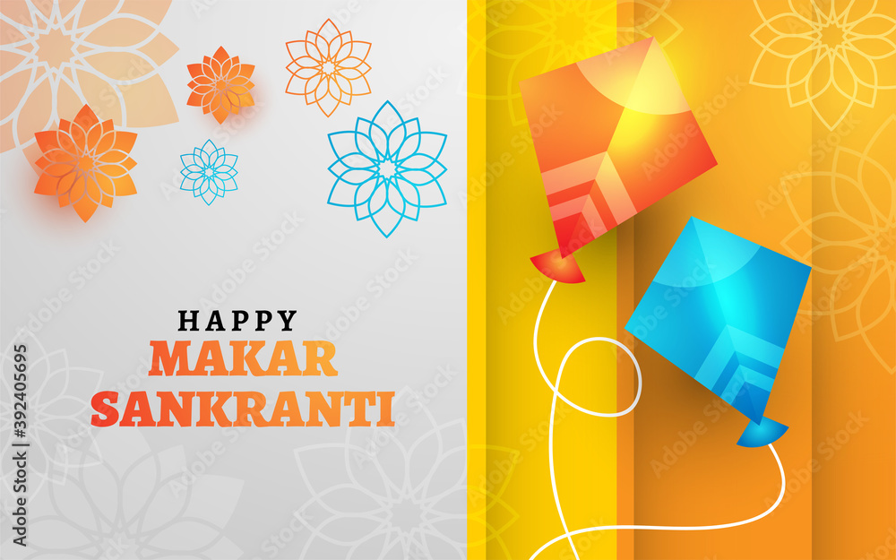 Makar Sankranti banner background design with realistic kites Stock Vector  | Adobe Stock