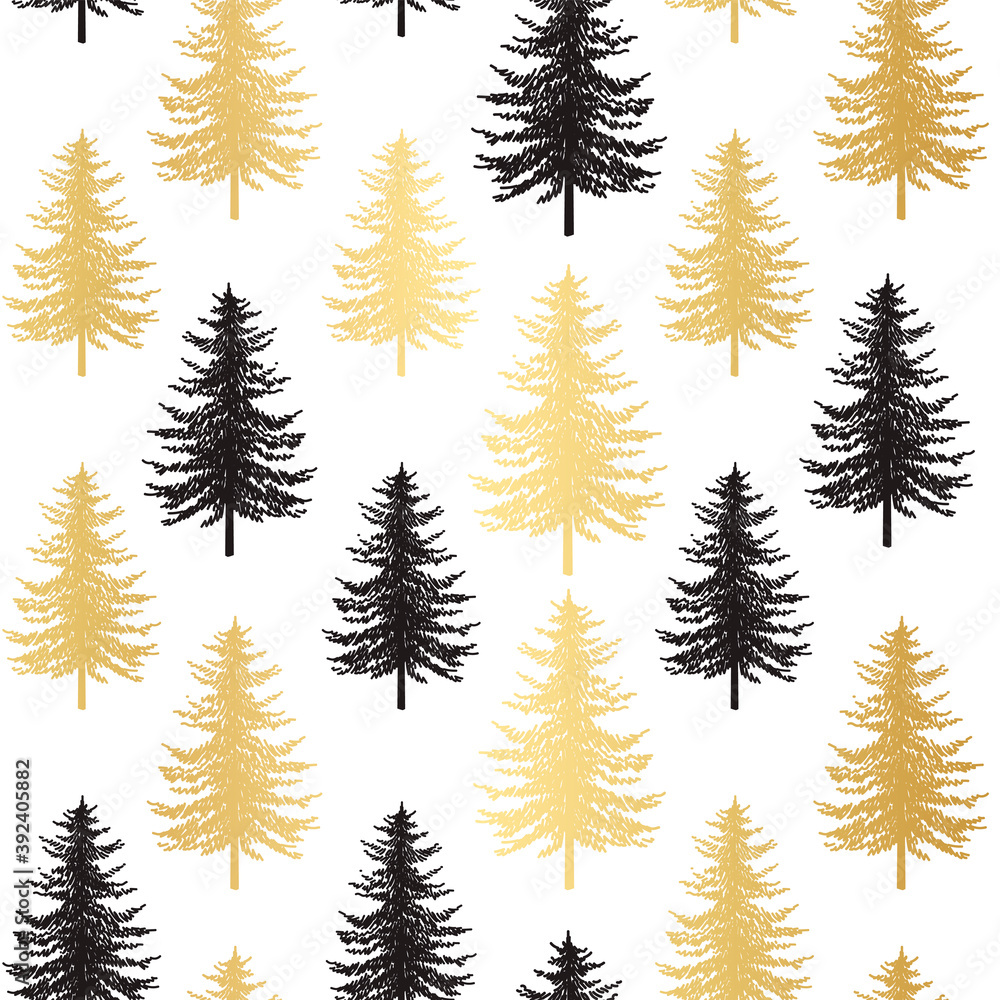 Obraz premium Christmas tree seamless pattern. Noel gold print, New year winter holiday decoration, golden christmas background with firs and white snow, wallpaper, wrapping paper design