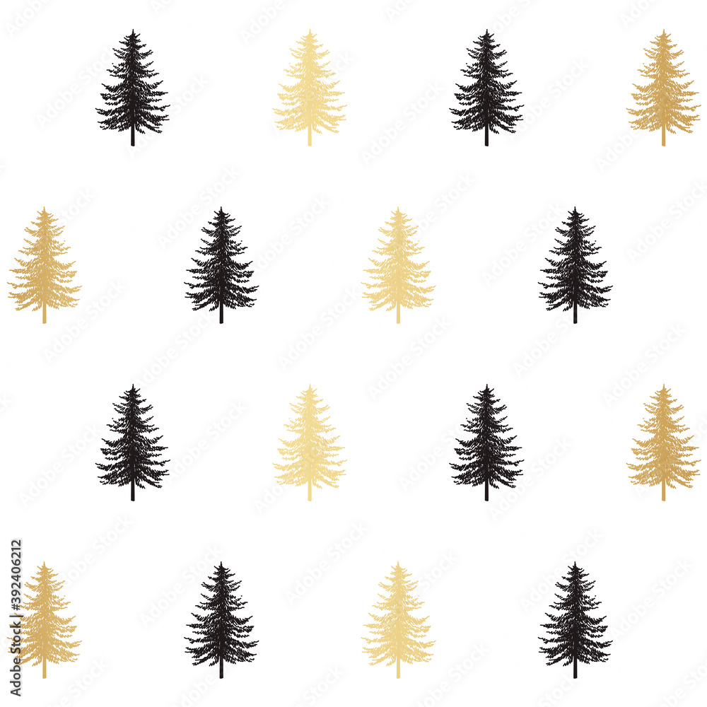 Fototapeta premium Christmas tree seamless pattern. Noel gold print, New year winter holiday decoration, golden christmas background with firs and white snow, wallpaper, wrapping paper design