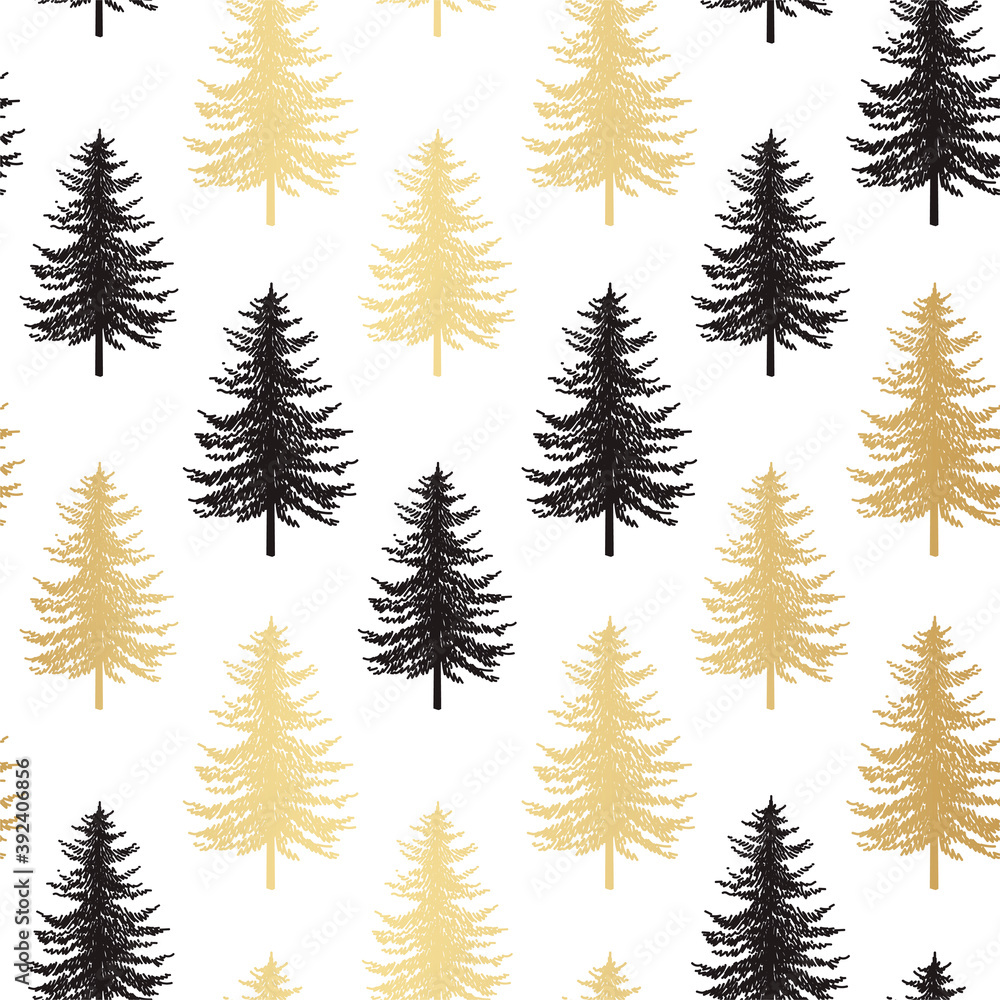 Obraz premium Christmas tree seamless pattern. Noel gold print, New year winter holiday decoration, golden christmas background with firs and white snow, wallpaper, wrapping paper design