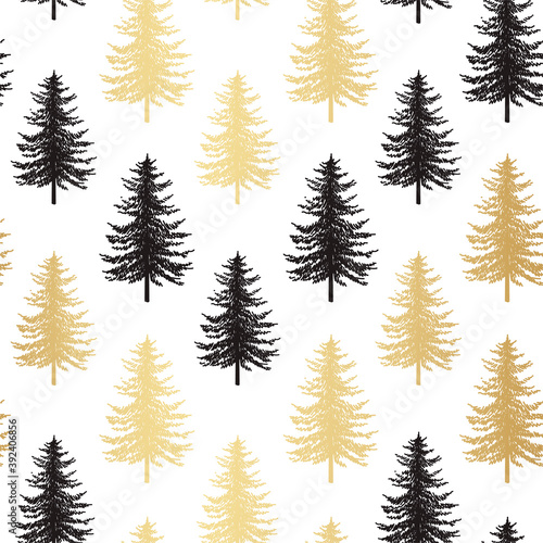 Christmas tree seamless pattern. Noel gold print  New year winter holiday decoration  golden christmas background with firs and white snow  wallpaper  wrapping paper design