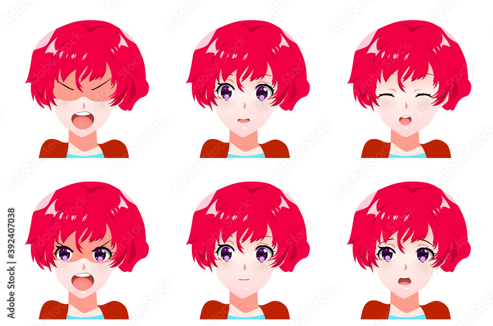 Manga Expression. Anime Girl Facial Expressions. Eyes, Mouth And Nose,  Eyebrows In Japanese Style. Manga Woman Emotions Cartoon Vector Set.  Illustration Character Manga Facial Girl, Cute Expression Royalty Free SVG,  Cliparts, Vectors