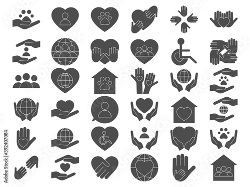 Voluntary, charity, donation black set icons. Vector stock illustration isolated on white background.