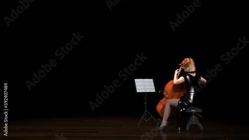Cello double bass player performing on stage alone black background concrete floor 3d rendering